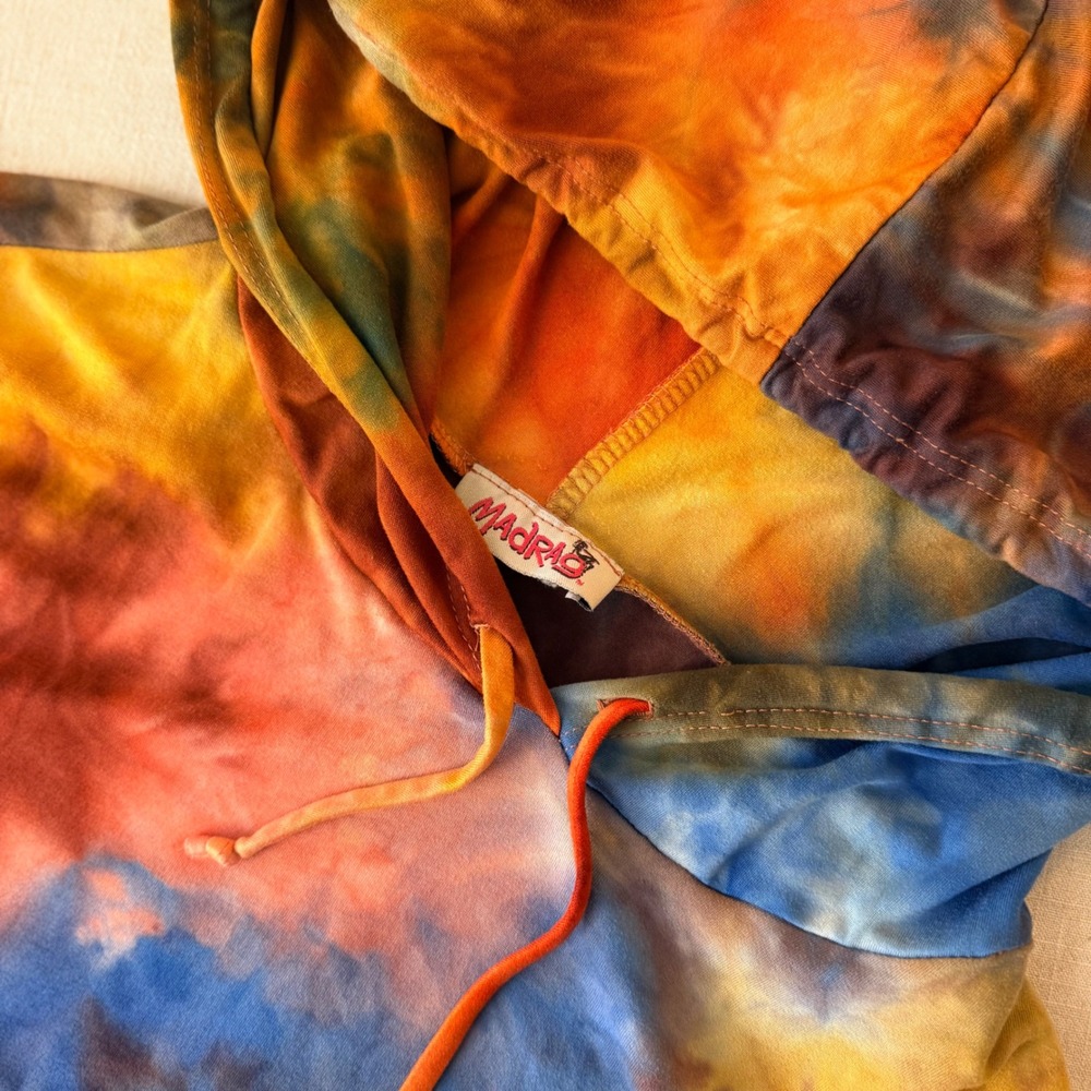 Madrag Tie Dye Short Sleeve Hoodie Multi Color Front Tie Crop Top Small - Picture 3 of 10